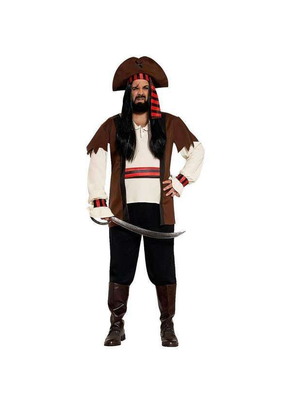 Fantasias Carol Fg - Fantasia Jack Sparrow Pirata Masculina Luxo Adulto Plus Size Bege e Marrom