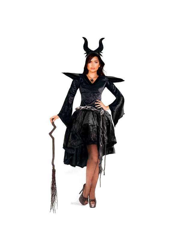 Fantasias Carol cm - Fantasia Malévola Adulta Luxo de Halloween com Tiara Preto