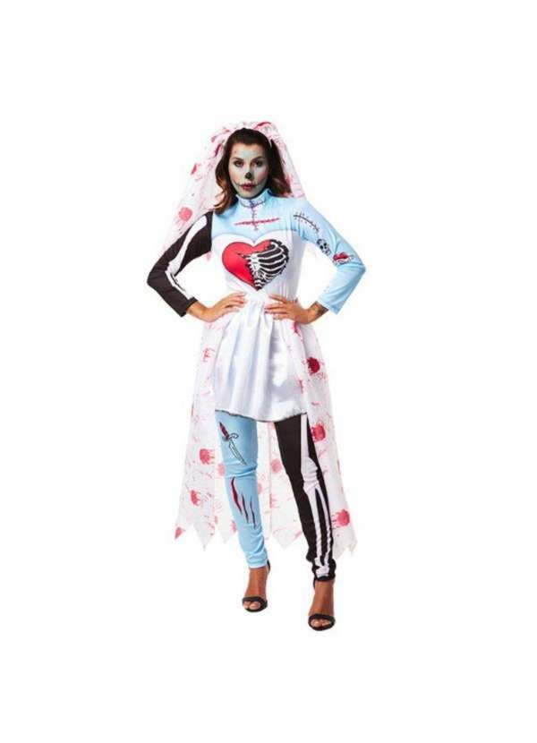 Fantasias Carol Fsp - Fantasia Noiva Cadaver Halloween Adulta com Véu e Tiara Branco