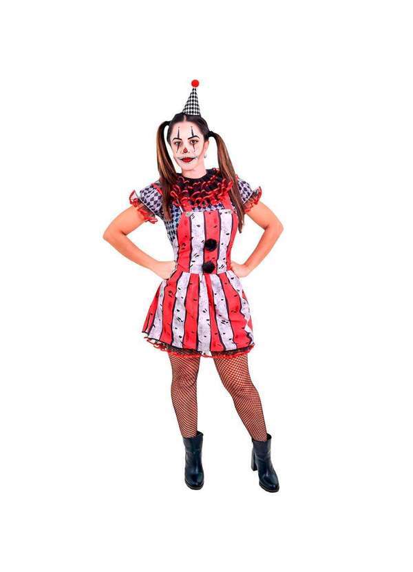 Fantasias Carol Aj - Fantasia Palhaca Feminina de Halloween Luxo com Chapéu Vermelho e Cinza