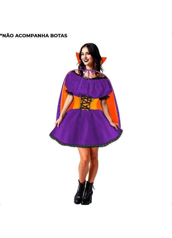 Fantasias Carol cm - Fantasia Vampira Halloween Adulta Feminina de Luxo com Capa Roxo e Laranja 4
