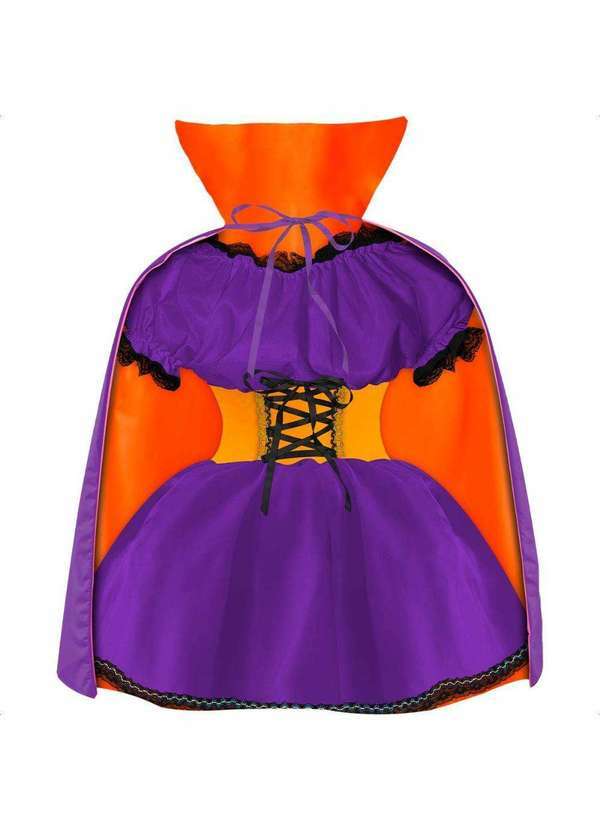 Fantasias Carol cm - Fantasia Vampira Halloween Adulta Feminina de Luxo com Capa Roxo e Laranja 5