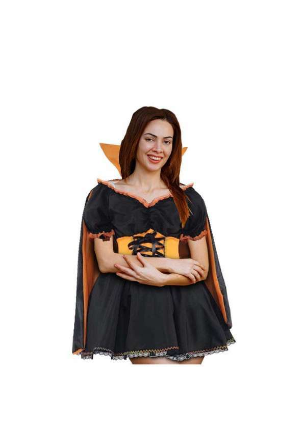 Fantasias Carol cm - Fantasia Vampira Halloween Adulta Feminina de Luxo com Capa Preto e Laranja