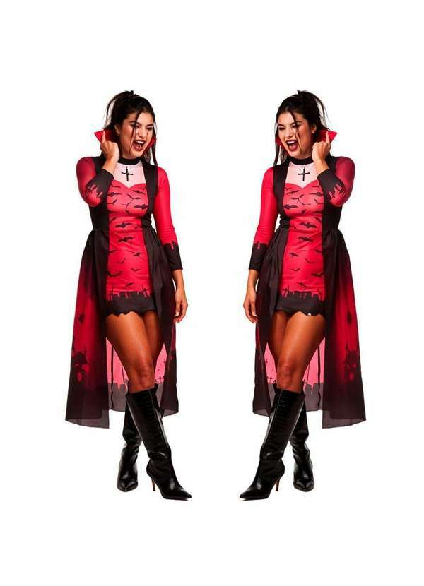 Fantasias Carol Fsp - Fantasia Vampira Halloween Feminina Vestido Sexy Vermelho
