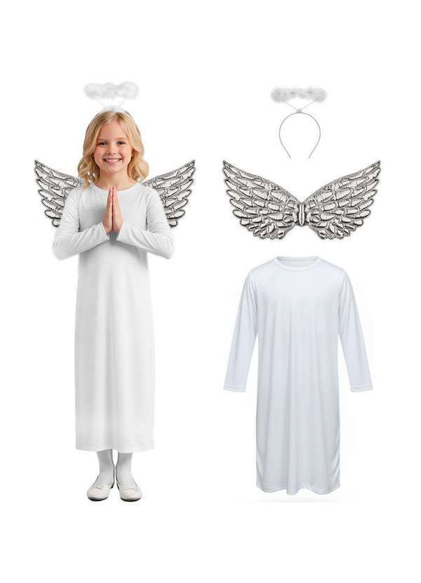 Fantasias Carol na - Fantasia Anjo Infantil Menino Menina Kit Túnica Asa Aureola Branco e Prata
