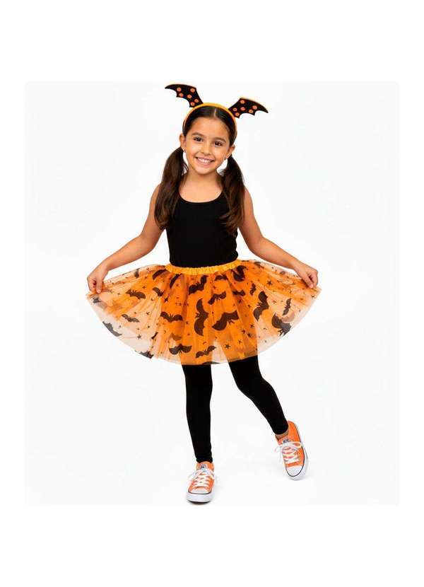 Fantasias Carol Bi - Fantasia Halloween Vampira Infantil Kit Saia Tule Tiara Luxo Laranja