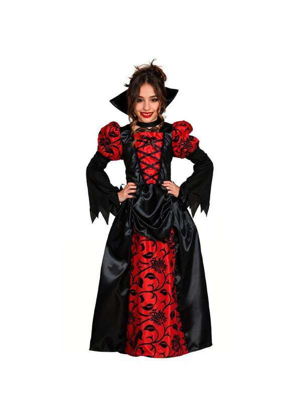 Fantasias Carol Fg - Fantasia Vampira Menina Infantil Luxo com Gola Estruturada Preto e Vermelho