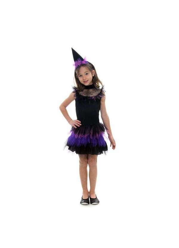 Sulamericana - Fantasia Bruxa Aranha Infantil de Halloween com Tiara Preto