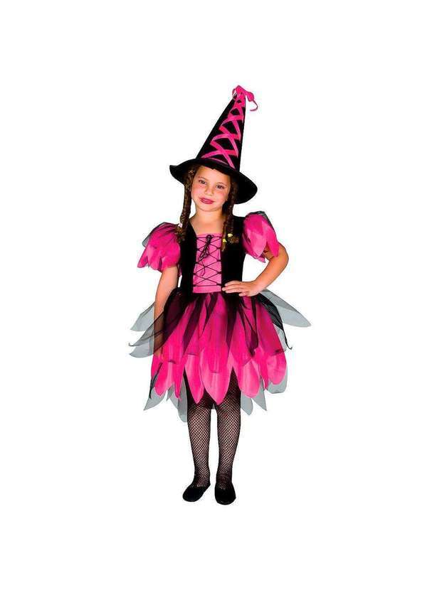 Sulamericana - Fantasia Bruxa Encantada Infantil com Chapéu de Halloween Rosa