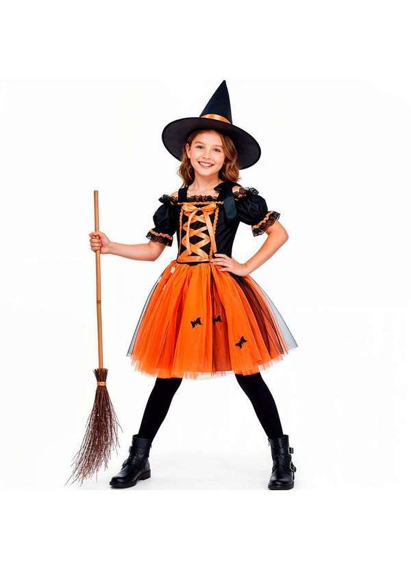 Fantasias Carol cm - Fantasia Bruxa Infantil Halloween de Luxo Pra Menina Preto e Laranja