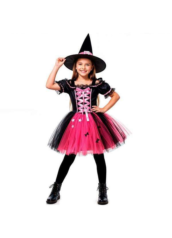 Fantasias Carol cm - Fantasia Bruxa Infantil Halloween de Luxo Pra Menina Preto e Rosa