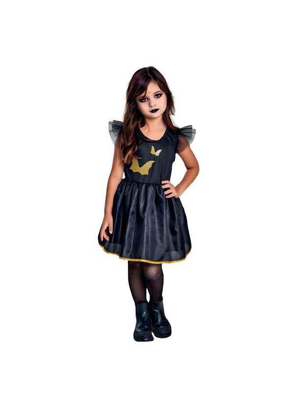 Fantasias Carol Aj - Fantasia Bruxa Vampira Infantil de Halloween Pra Menina Dourado