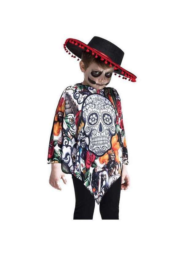 Fantasias Carol Fsp - Fantasia Caveira Mexicana Infantil de Halloween com Chapéu Preto