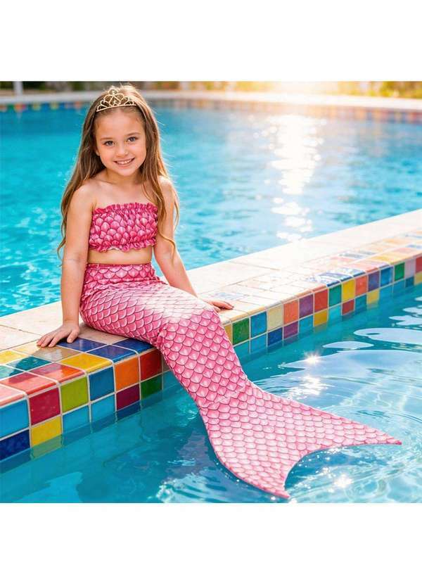 Fantasias Carol Fsp - Fantasia Sereia Infantil Rosa com Nadadeira Cauda e Top Rosa