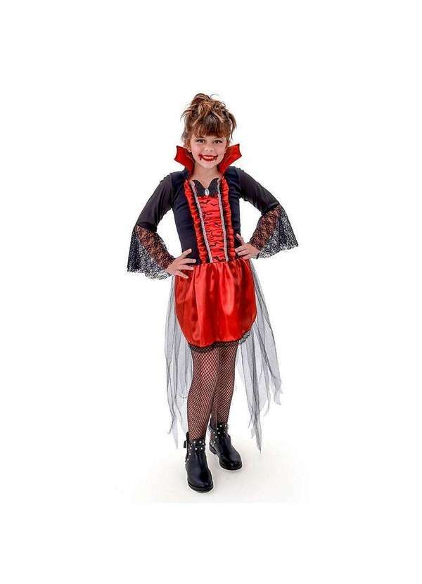 Fantasias Carol Aj - Fantasia Vampira Halloween Infantil de Luxo Moderna Vermelho