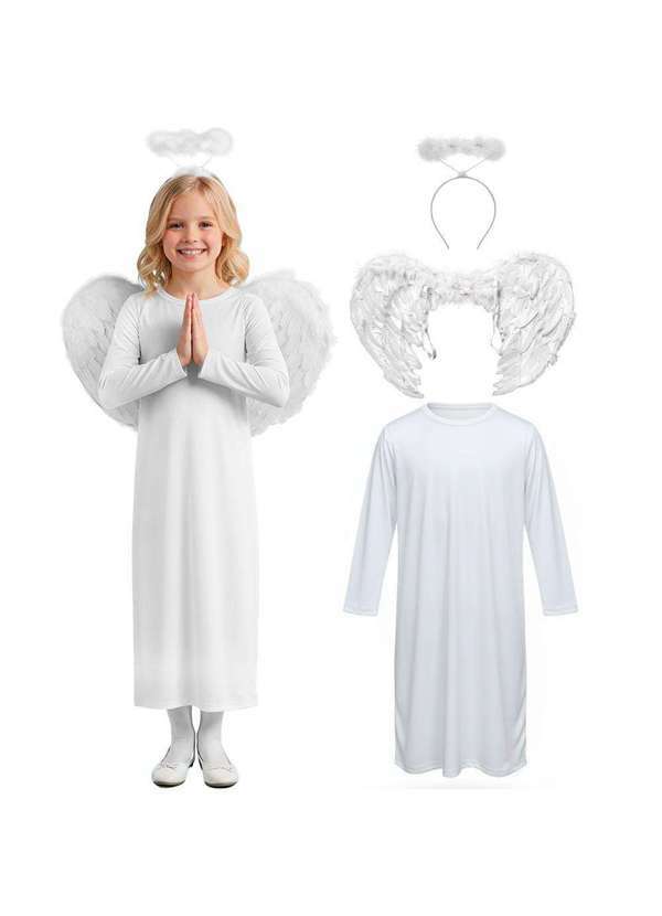 Fantasias Carol na - Roupa Anjo Infantil Coroação Bata Branca Fantasia Querubim Branco