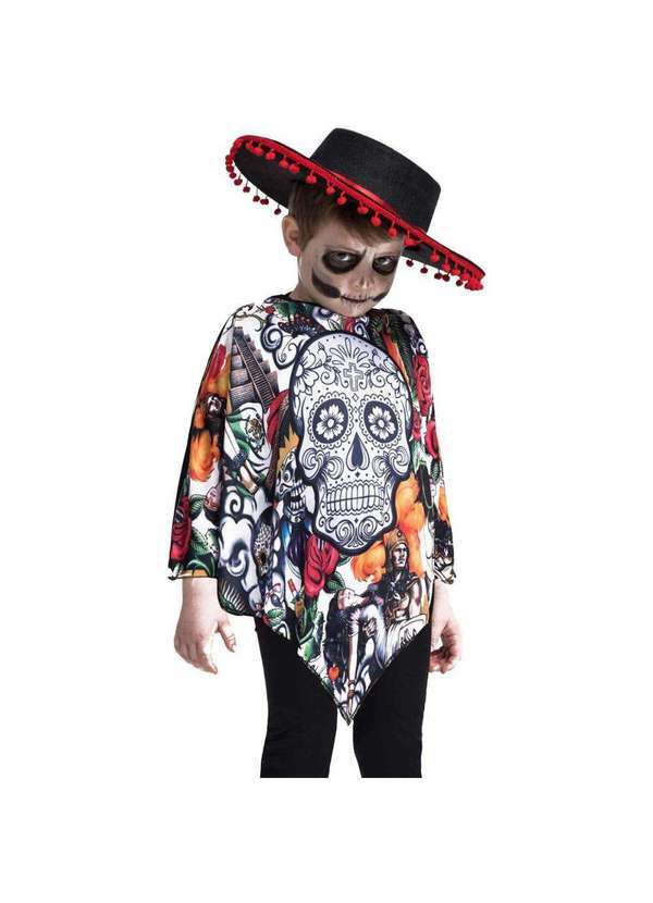 Fantasias Carol Fsp - Fantasia Caveira Mexicana Infantil de Halloween Poncho Preto