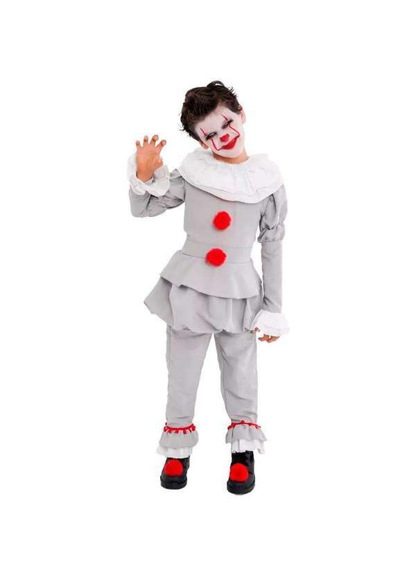 Fantasias Carol Aj - Fantasia Halloween Infantil Palhaço It a Coisa de Luxo Cinza Claro