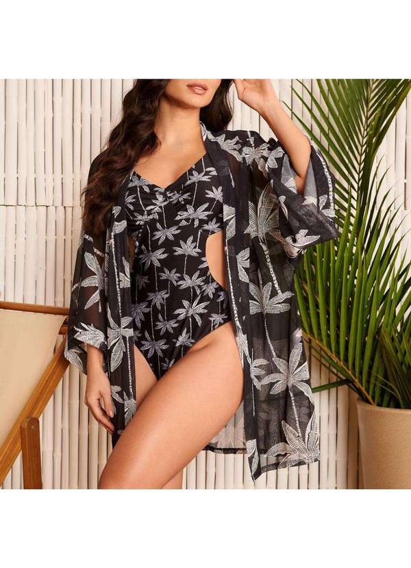 Donna Carioca - Saída de Praia Kimono Estampa Coqueiro P/B Estampado 4