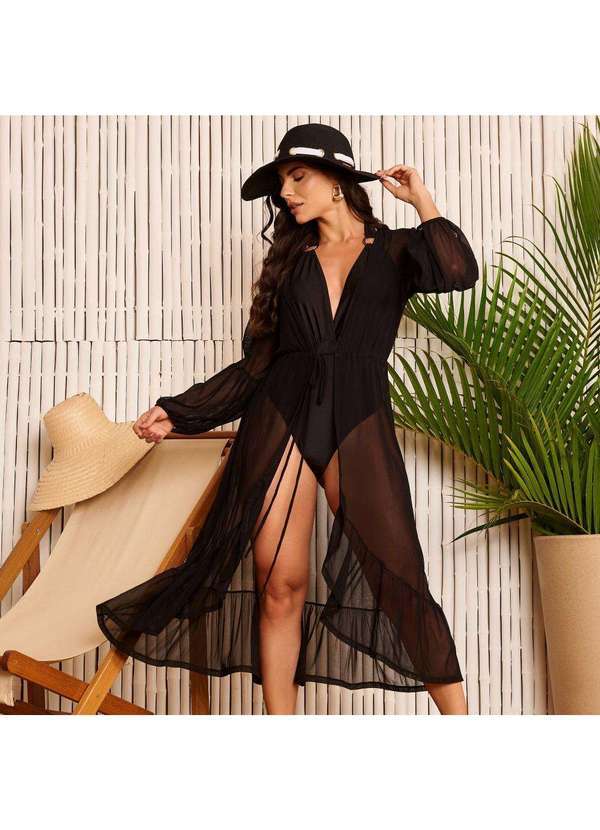 Donna Carioca - Saída de Praia Manga Longa Midi de Tule Preta Preto