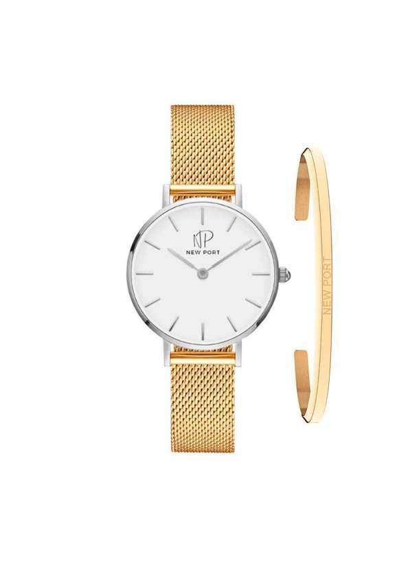 New Port - Relógio Feminino Dourado Casual Sofisticado 32mm com Bracelete Unica