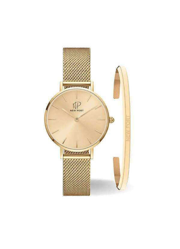 New Port - Relógio Feminino Dourado Elegante Delicado com Bracelete Unica