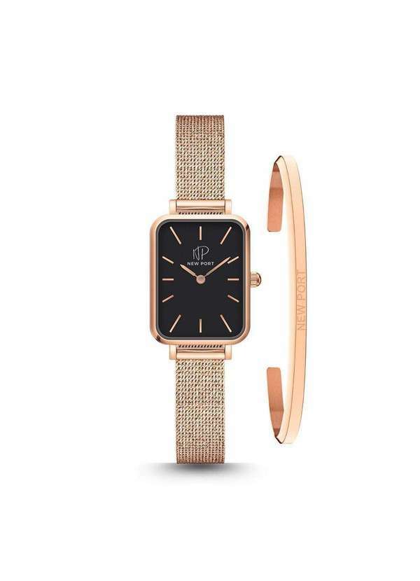 New Port - Relógio Feminino Quadrado Casual Elegante Rosé com Bracelete Unica