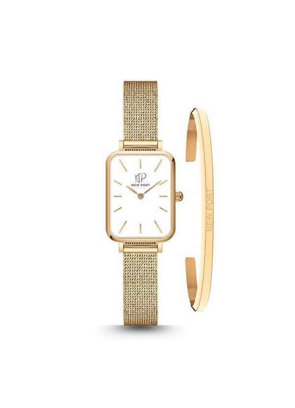 New Port - Relógio Feminino Quadrado Dourado Casual New Port com Bracelete Unica