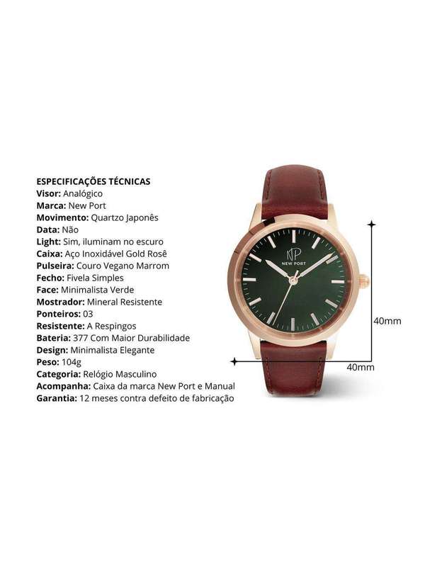 New Port - Relógio de Luxo Masculino Couro Marrom Casual New Port 40mm Unica 3