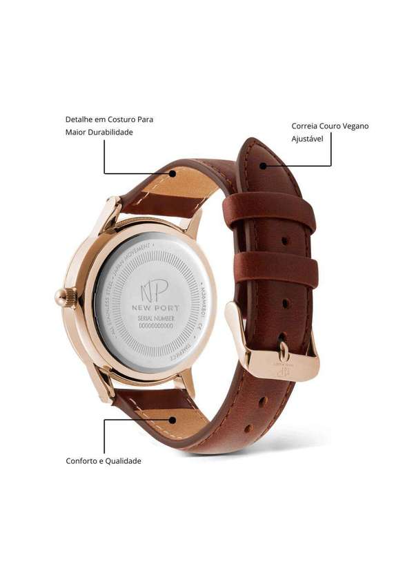 New Port - Relógio de Luxo Masculino Couro Marrom Casual New Port 40mm Unica 5