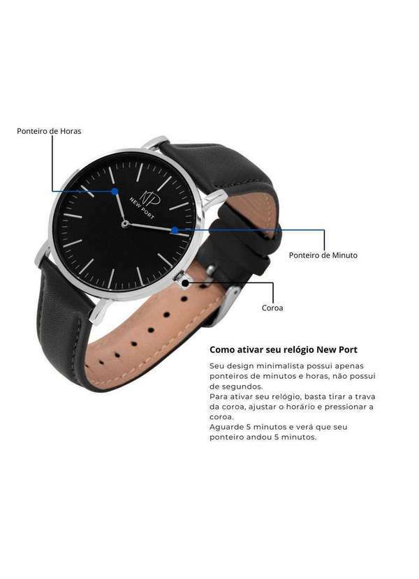 New Port - Relógio Masculino Casual Couro Elegante Analógico 40mm Unica 7