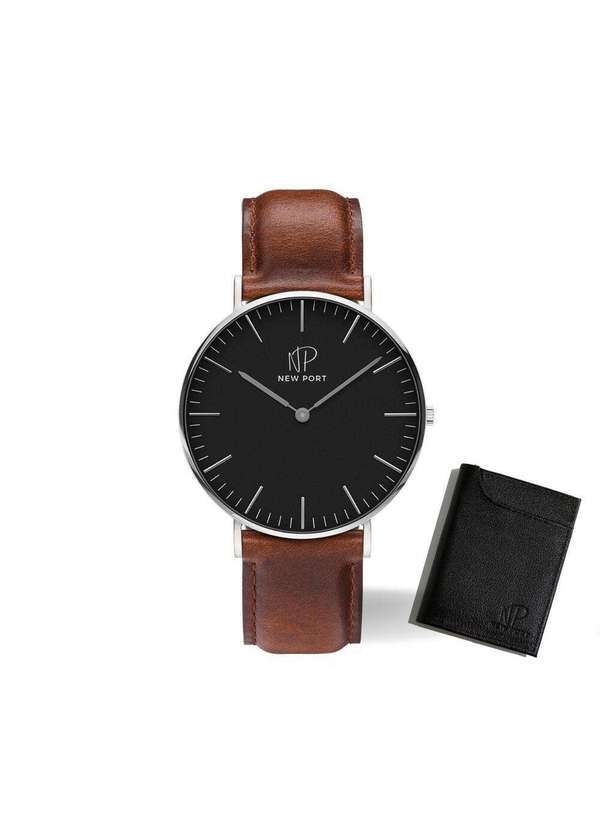 New Port - Relógio Masculino Casual Pulseira Marrom New Port com Carteira Unica