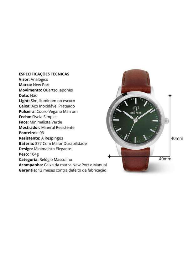 New Port - Relógio Masculino Couro Marrom Analógico Casual Elegante Unica 3