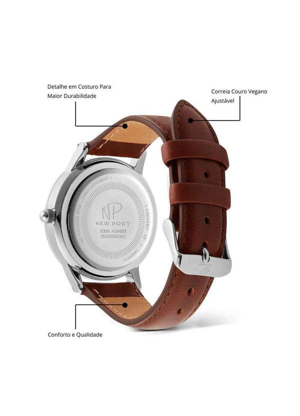 New Port - Relógio Masculino Couro Marrom Analógico Casual Elegante Unica 5