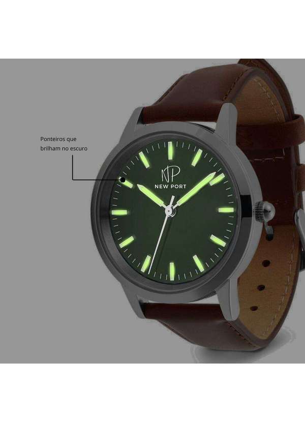 New Port - Relógio Masculino Couro Marrom Analógico Casual Elegante Unica 6