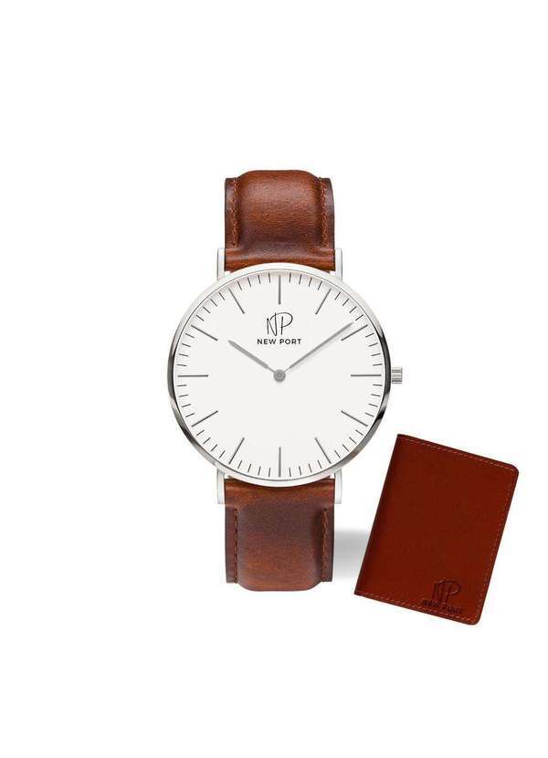 New Port - Relógio Masculino Marrom Clássico Casual com Carteira Couro Unica