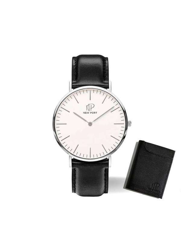 New Port - Relógio Masculino Preto Casual Elegante com Carteira Couro Unica