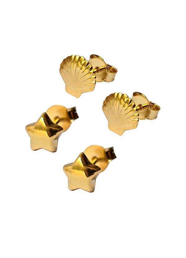New Port - Kit Brinco Feminino Estrela e Concha Banhado a Ouro Dourado Unica