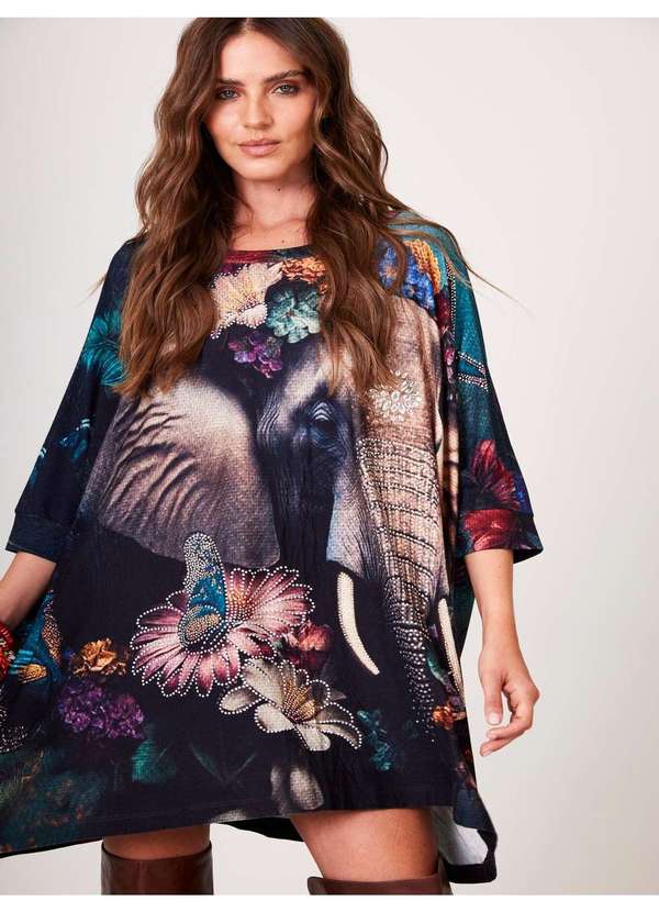 Yacamim - Bata Ampla Alongada Azul Estampa de Elefante com Pedrinhas Estampado 2