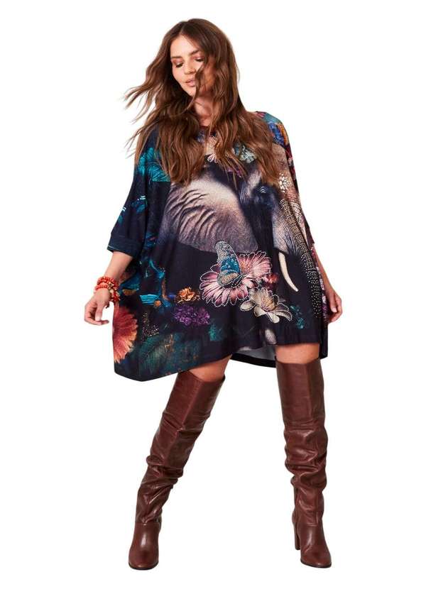 Yacamim - Bata Ampla Alongada Azul Estampa de Elefante com Pedrinhas Estampado 3