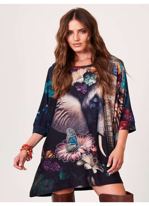 Yacamim - Bata Ampla Alongada Azul Estampa de Elefante com Pedrinhas Estampado 5