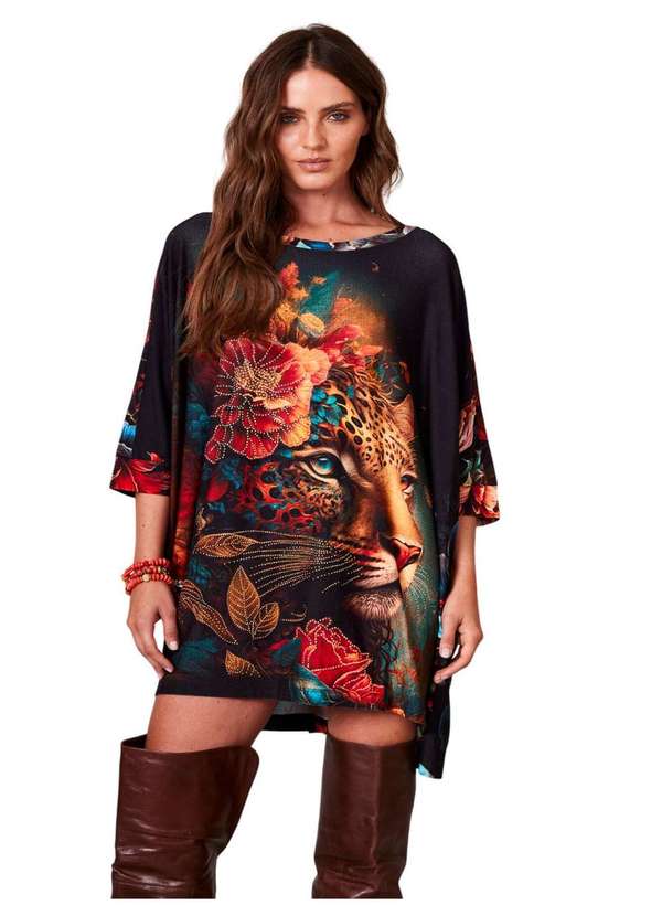 Yacamim - Bata Ampla Alongada Estampa de Onça com Pedrinhas Yacamim B28 Estampado