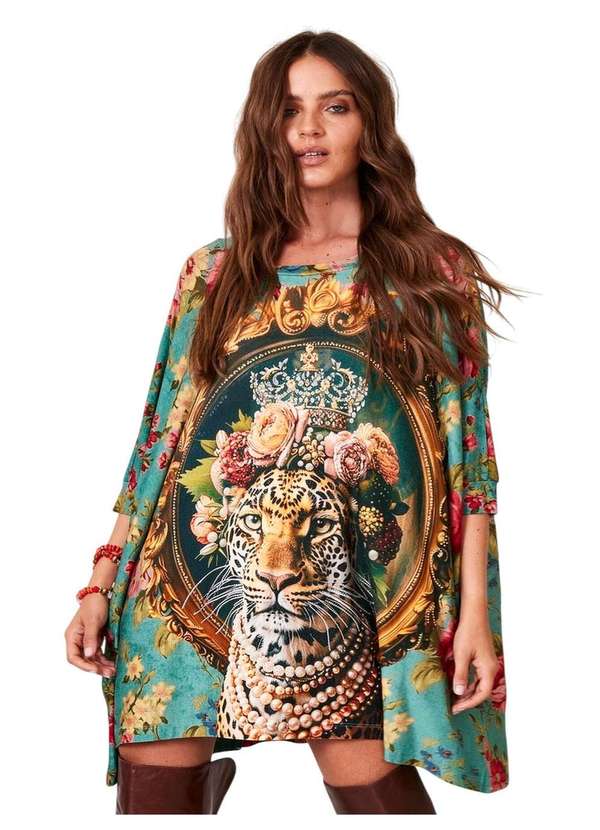 Yacamim - Bata Ampla Alongada Verde Estampa Onça com Pedrinhas Yacamim B3 Estampado