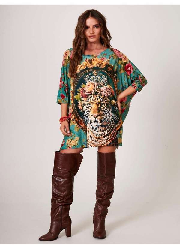 Yacamim - Bata Ampla Alongada Verde Estampa Onça com Pedrinhas Yacamim B3 Estampado 5