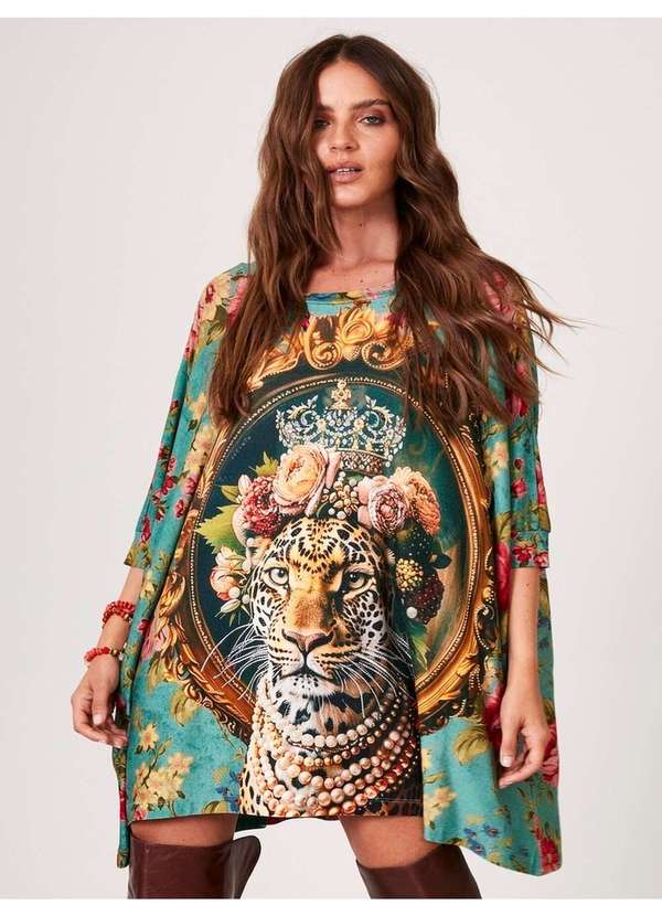 Yacamim - Bata Ampla Alongada Verde Estampa Onça com Pedrinhas Yacamim B3 Estampado 6