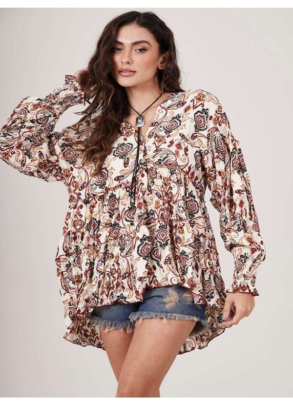 Yacamim - Bata Ampla com Babados Off White Estampa Cashmere Yacamim B10 Estampado 3