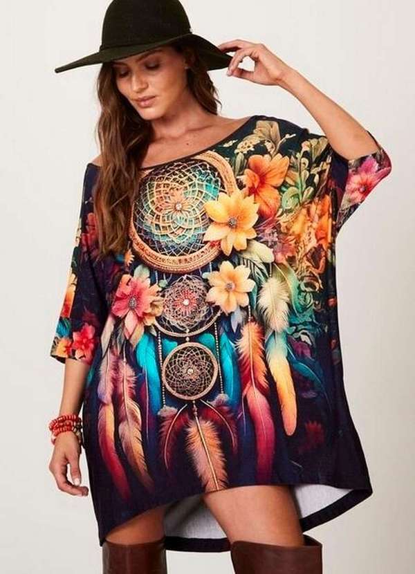 Yacamim - Bata Ampla Preto Estampa Filtro dos Sonhos com Pedrinhas Estampado