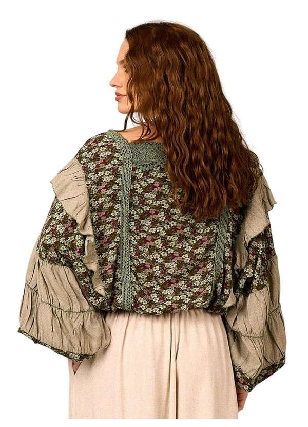 Yacamim - Bata com Mangas Longas Bufantes Verde Estampado Patchwork Patchwork 2