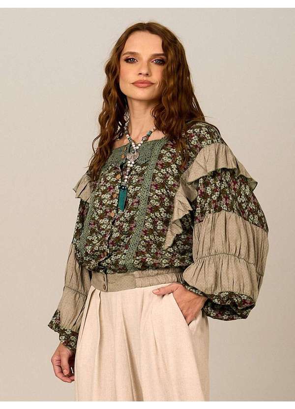 Yacamim - Bata com Mangas Longas Bufantes Verde Estampado Patchwork Patchwork 3