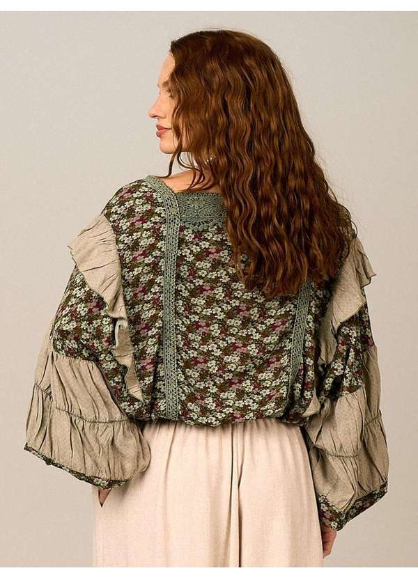 Yacamim - Bata com Mangas Longas Bufantes Verde Estampado Patchwork Patchwork 4